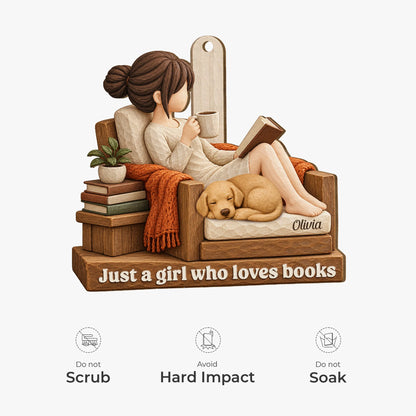 Just a Girl Who Loves Books Personalized Wooden Ornament - Dog Lovers Reading Keepsake