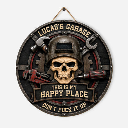 "This Is My Happy Place" Personalized Garage Wood Sign - Custom Mechanic Skull Nameplate Wall Decor Gift for Him