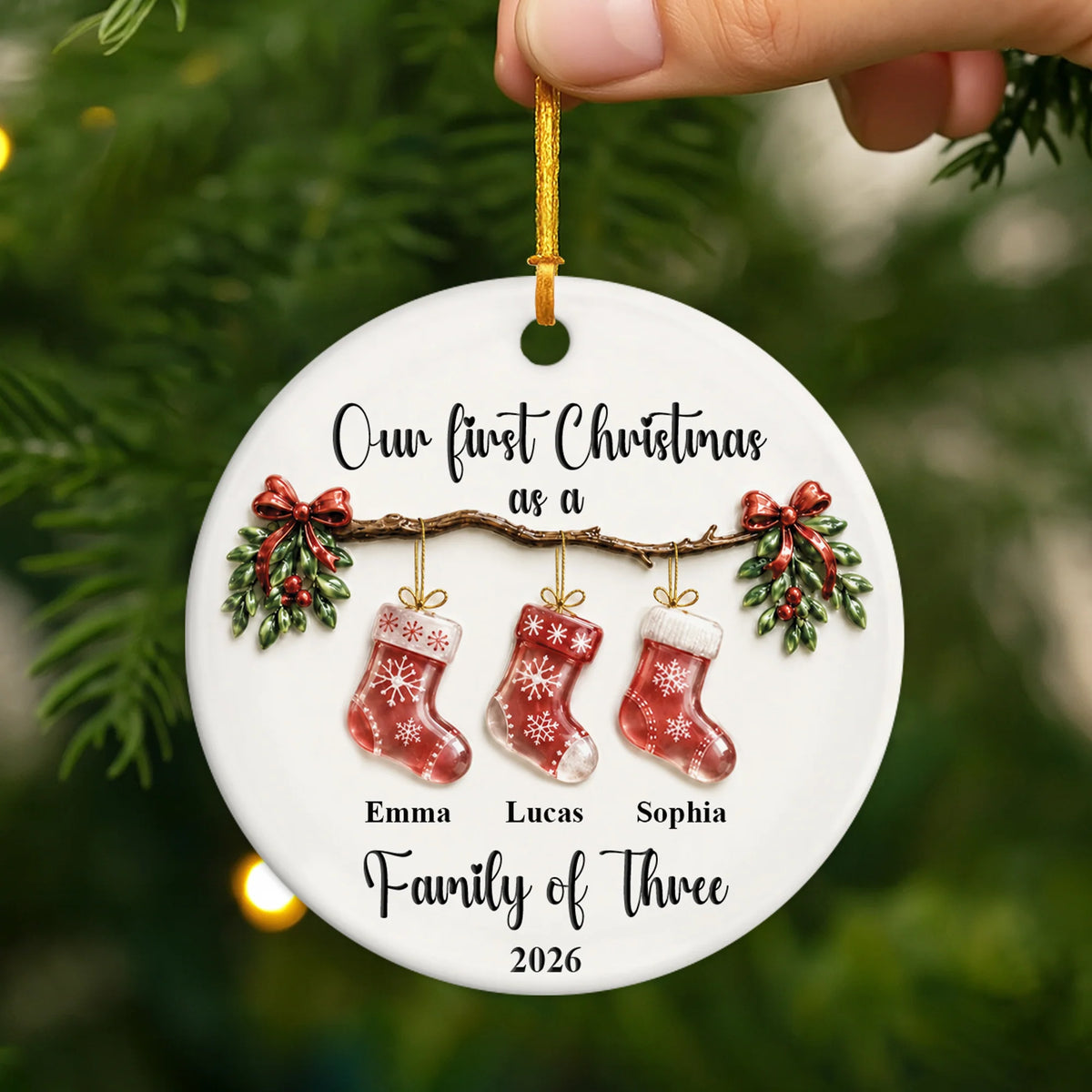 "Our First Christmas As A Family" Personalized Ceramic Ornament - Custom Holiday Keepsake Gift