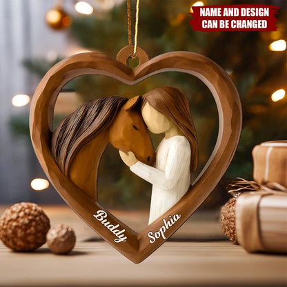 Girl and Her Horse Heart Personalized Wooden Ornament - Christmas Keepsake for Daughter & Horse Lovers