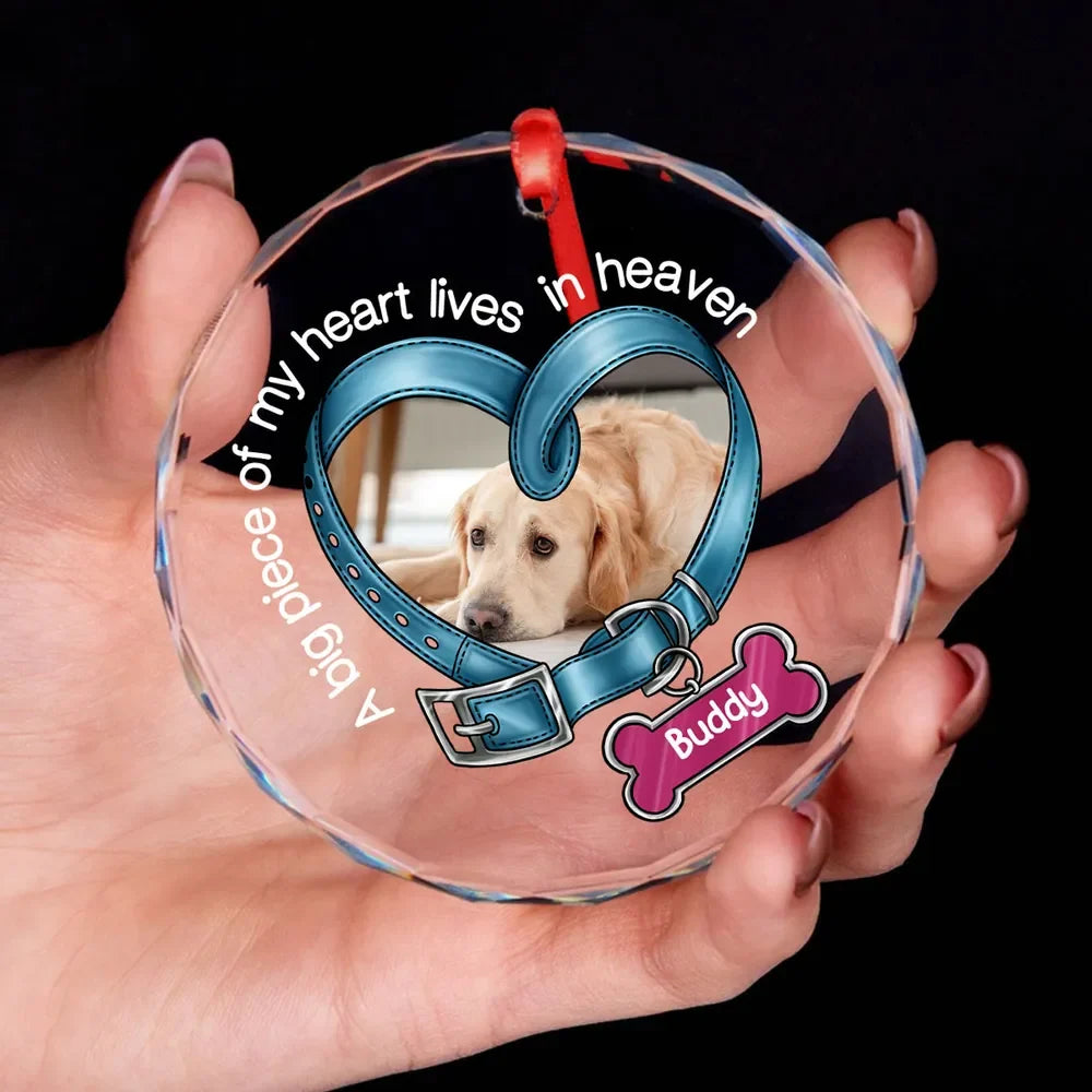A Big Piece Of My Heart Lives In Heaven - Personalized Dog Memorial Glass Ornament Gift