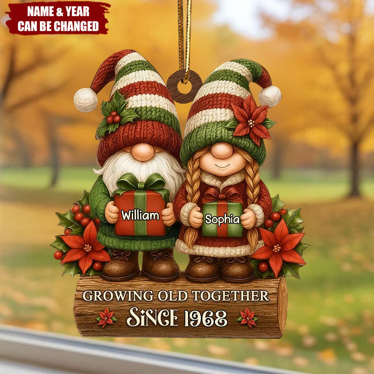 "Growing Old Together" Personalized Gnome Wooden Ornament - Custom Couple Keepsake Christmas Gift