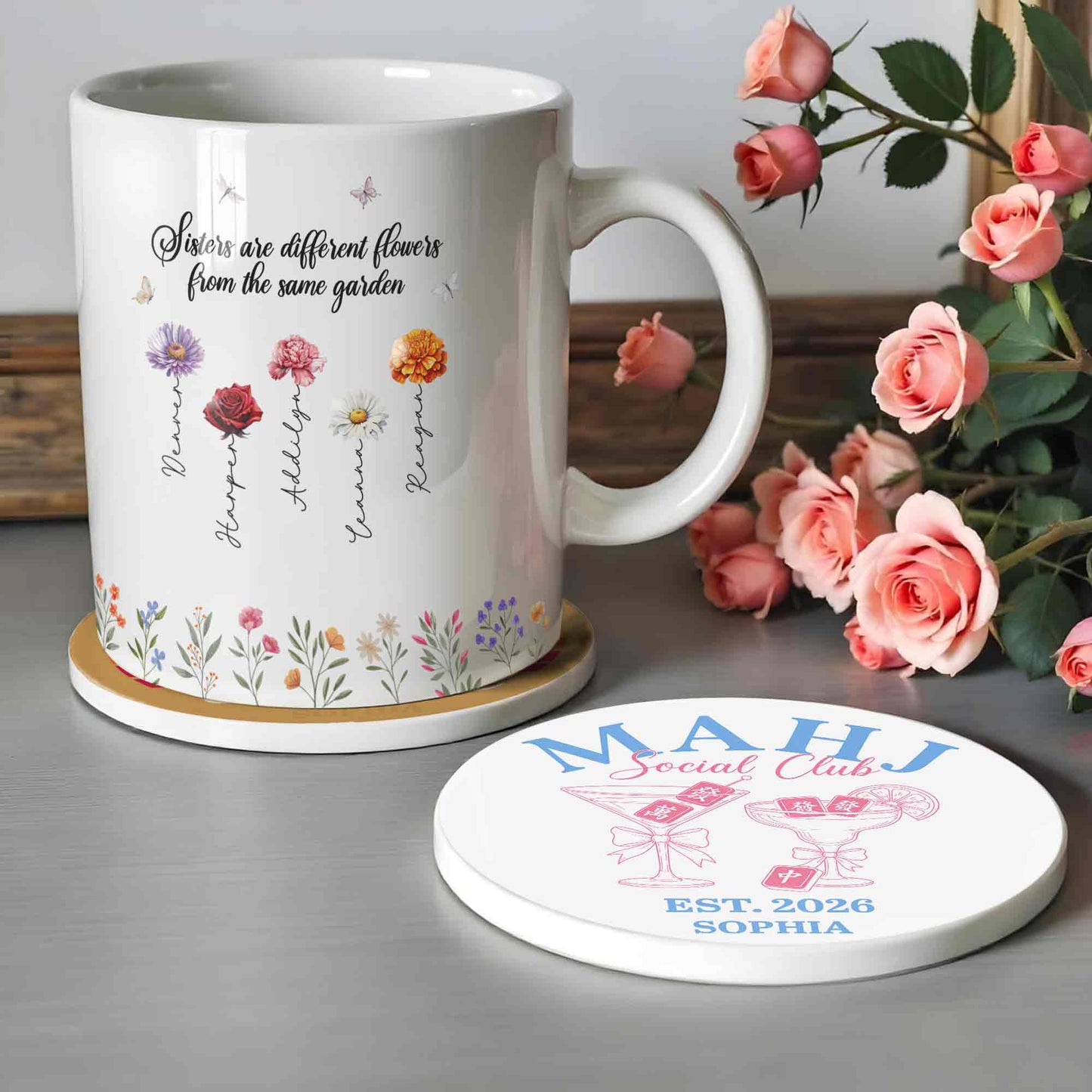 Personalized Mahjong ceramic coaster with cute pink cocktail glasses and custom name Sophia image 6