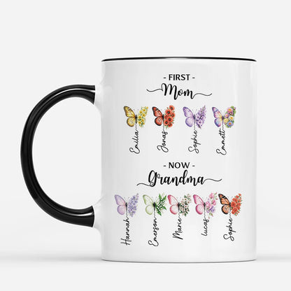 First Mom Now Grandma Personalized Butterfly Mug - Custom Floral Grandmother Coffee Cup Gift