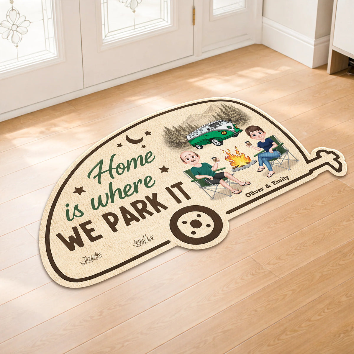 "Home Is Where We Park It" Personalized Camper Shaped Doormat - Custom RV Camping Gift for Couples