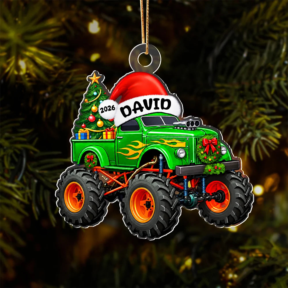 Personalized Monster Truck Acrylic Ornament - Custom Name Christmas Keepsake Gift for Kids