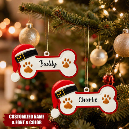 Santa Hat Dog Bone Personalized Wood Christmas Ornament - Holiday Keepsake for Dog Lovers