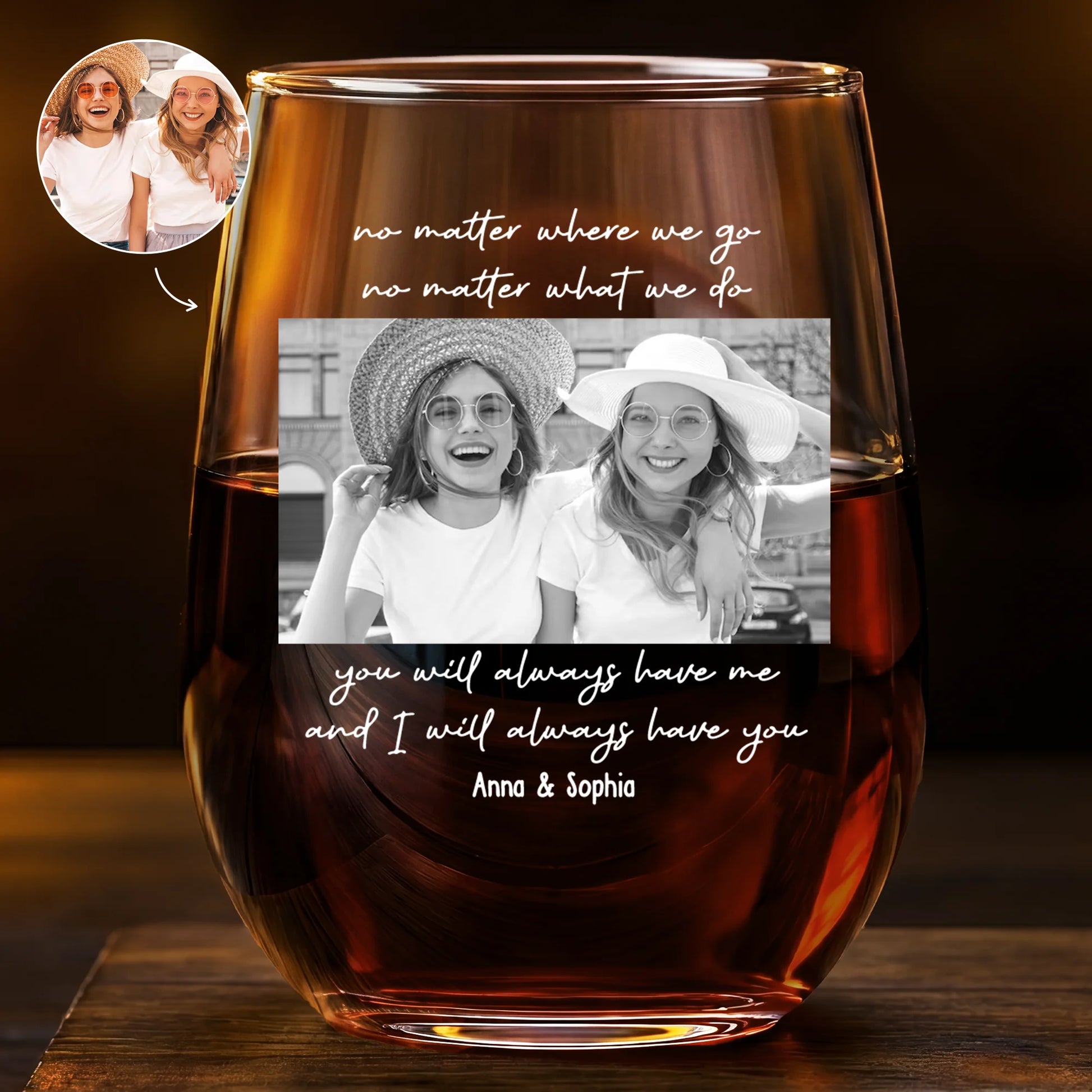 Personalized best friend photo wine glass with custom picture print and friendship quote