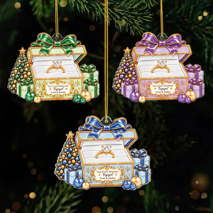 "Our First Christmas Engaged" Personalized Ring Box Acrylic Ornament - Keepsake Gift for Couples