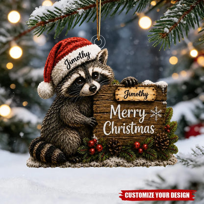 Merry Christmas Personalized Raccoon Acrylic Ornament - Custom Name Keepsake for Holiday Tree