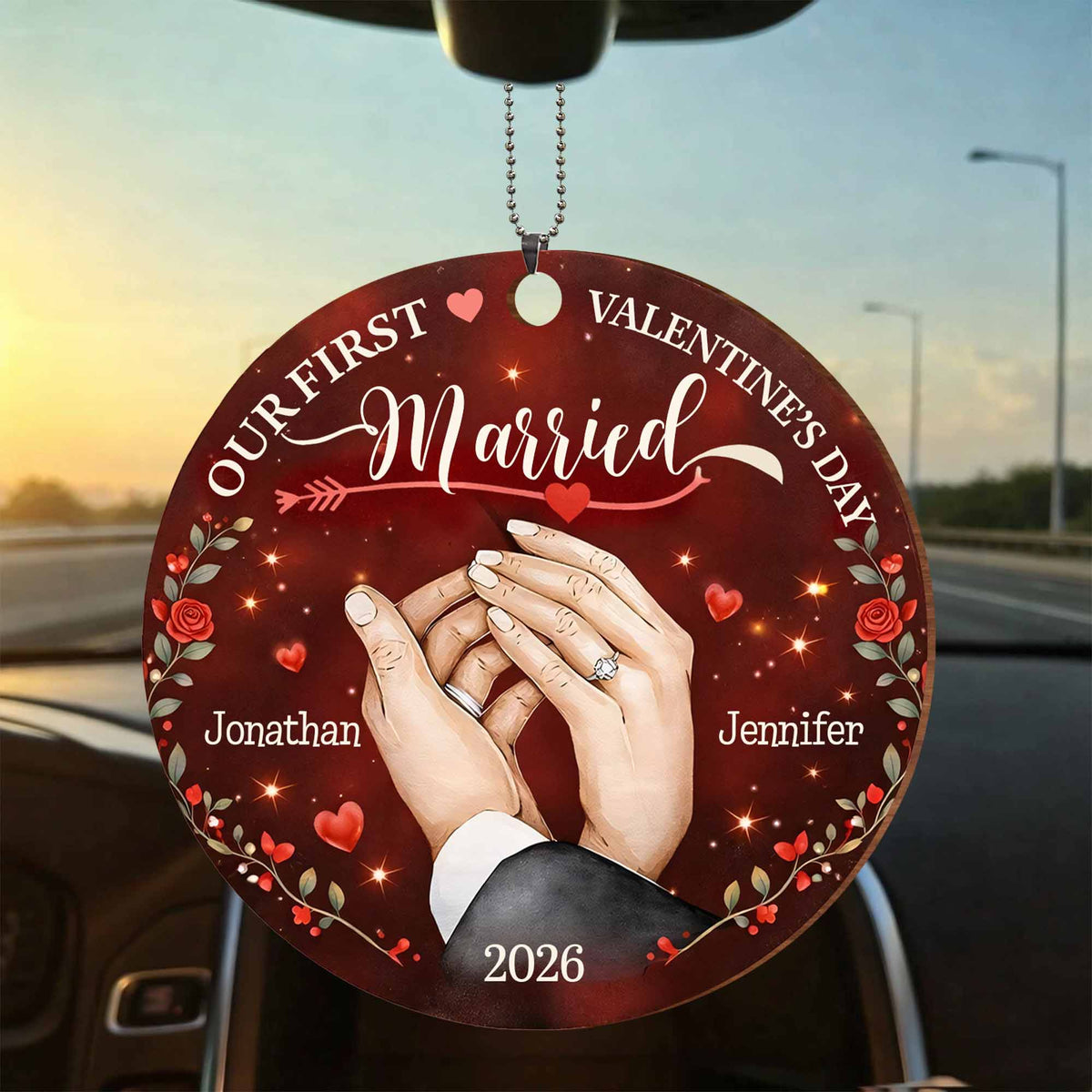 Our First Valentine's Day Married - Personalized Wood Ornament for Couples Keepsake