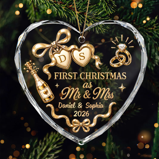 "First Christmas as Mr & Mrs" Personalized Glass Heart Ornament - Custom Married Couple Keepsake Gift