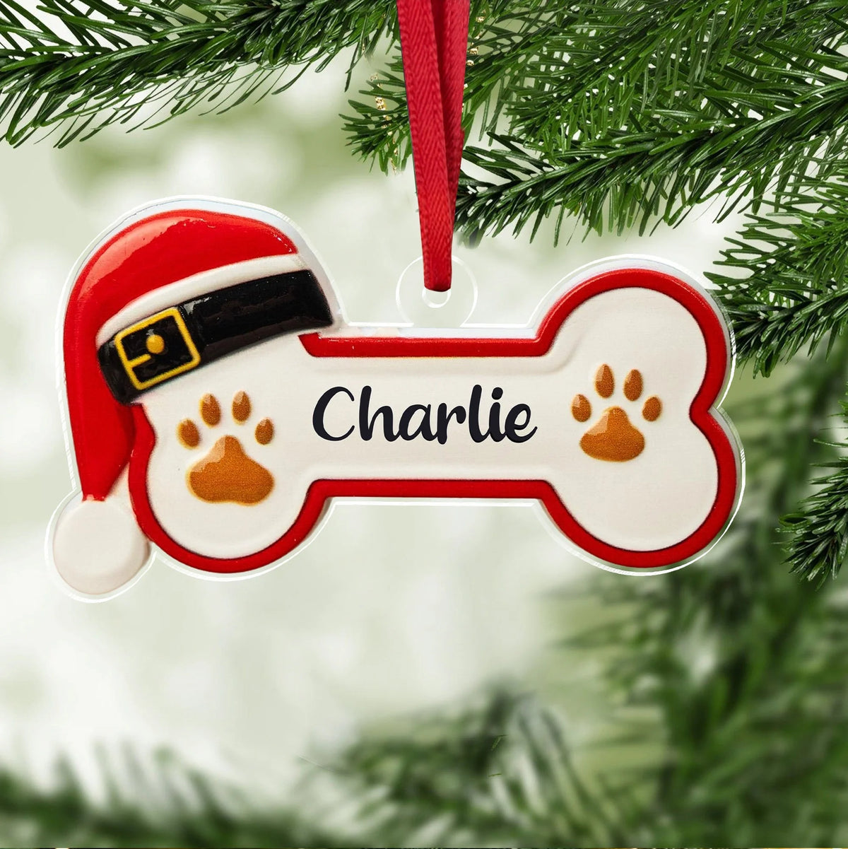 Custom Dog Bone Santa Hat Acrylic Ornament - Personalized Christmas Keepsake for Dog Lovers