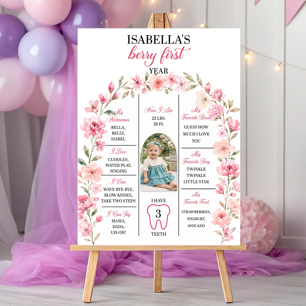 Personalized baby first birthday milestone poster with custom photo print - unique welcome sign for party decoration