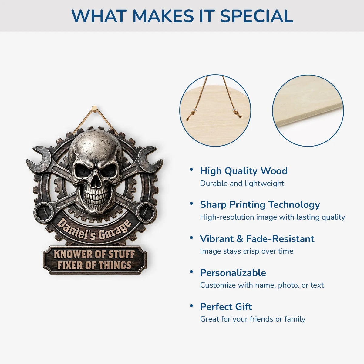 "Knower of Stuff Fixer of Things" Custom Garage Wood Sign - Personalized Mechanic Skull Gift