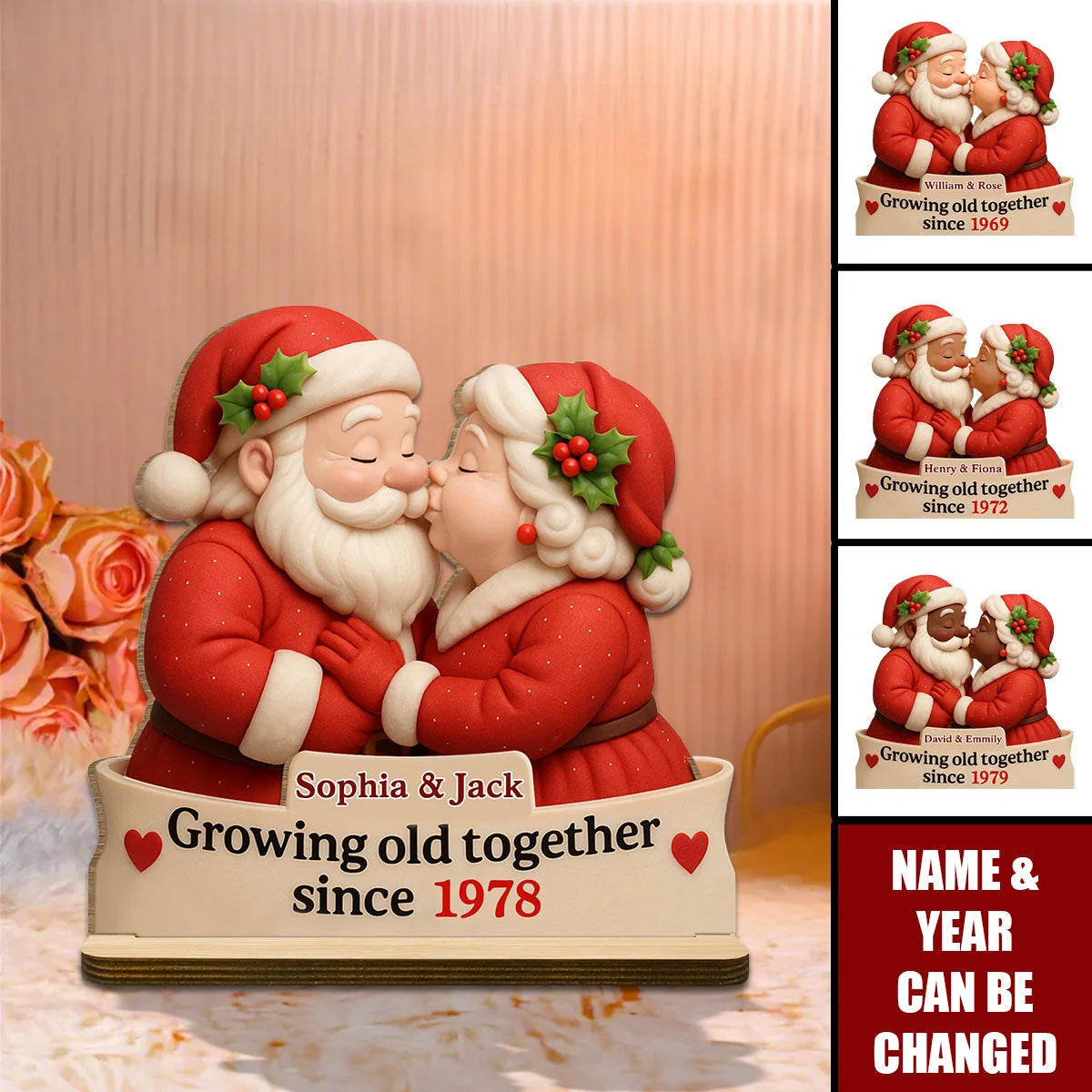 Growing Old Together Since Custom Wood Plaque - Personalized Santa Couple Christmas Keepsake