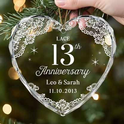 Lace 13th Anniversary Personalized Glass Heart Ornament - Keepsake Gift for Couples