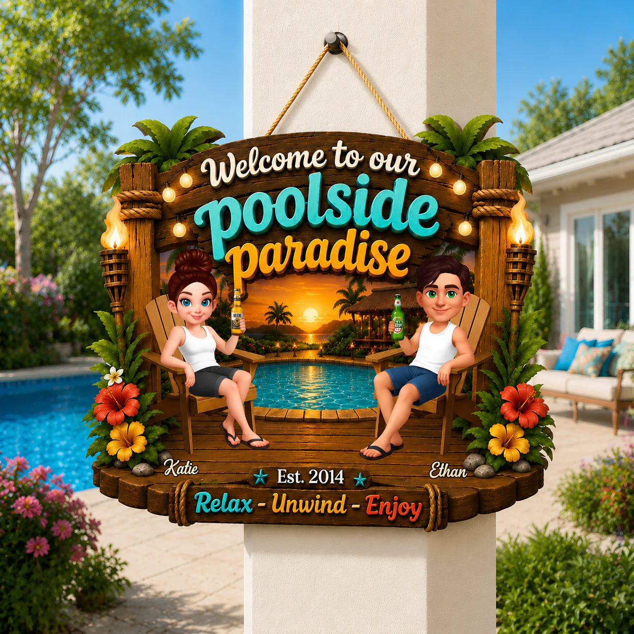 Custom Poolside Paradise Wood Sign personalization view for Couples