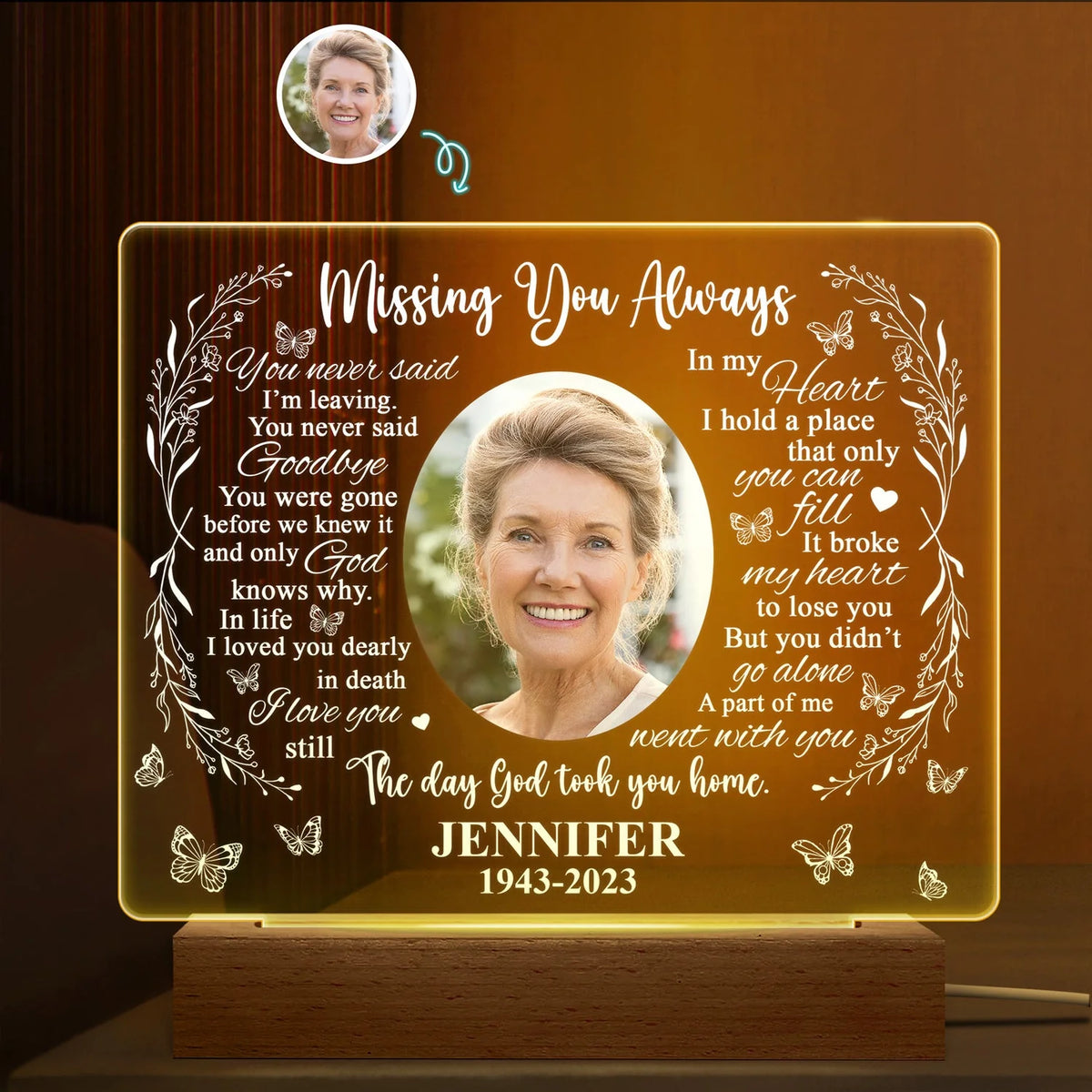"Missing You Always" Custom Photo LED Light – Personalized Sympathy Gift for Family