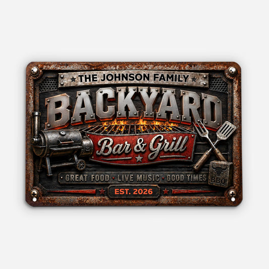 Backyard Bar and Grill Personalized Metal Sign - Custom Family Name BBQ Gift