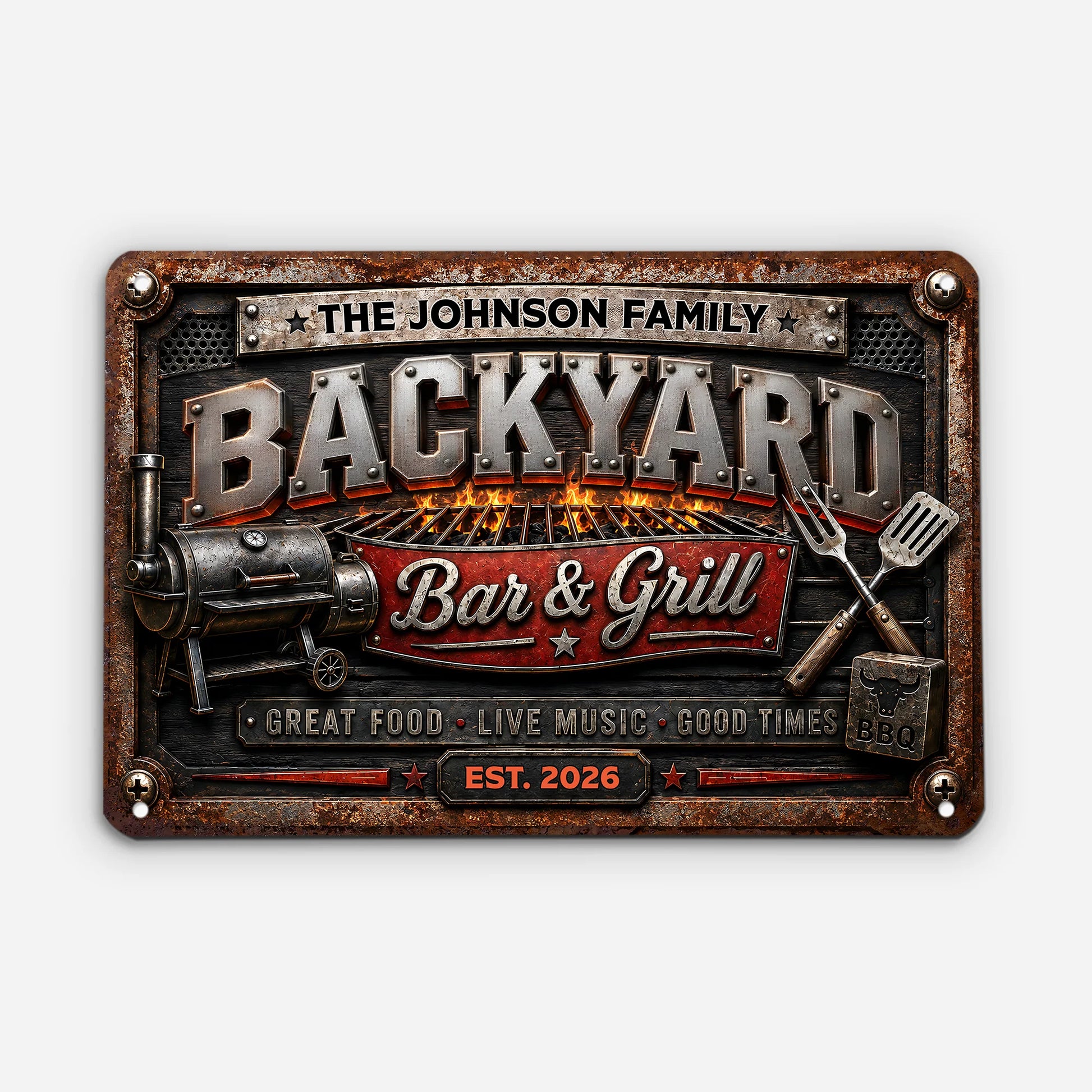 Backyard Bar and Grill Personalized Metal Sign - Custom Family Name BBQ Gift