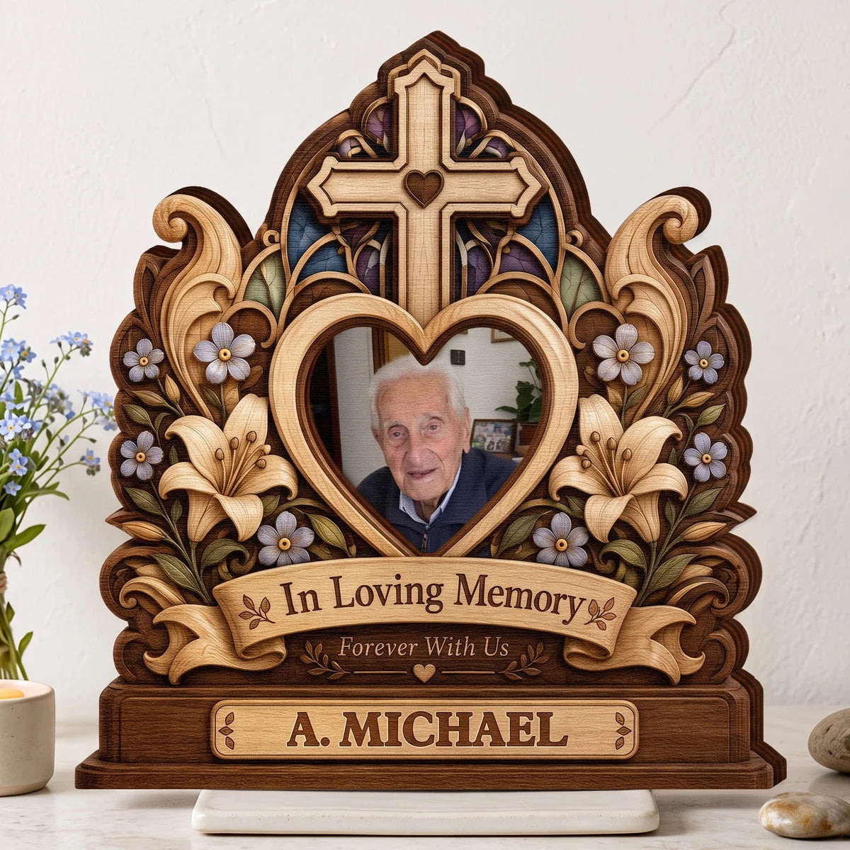 In Loving Memory Custom Photo Cross Wooden Block - Personalized Memorial Keepsake Gift for Family