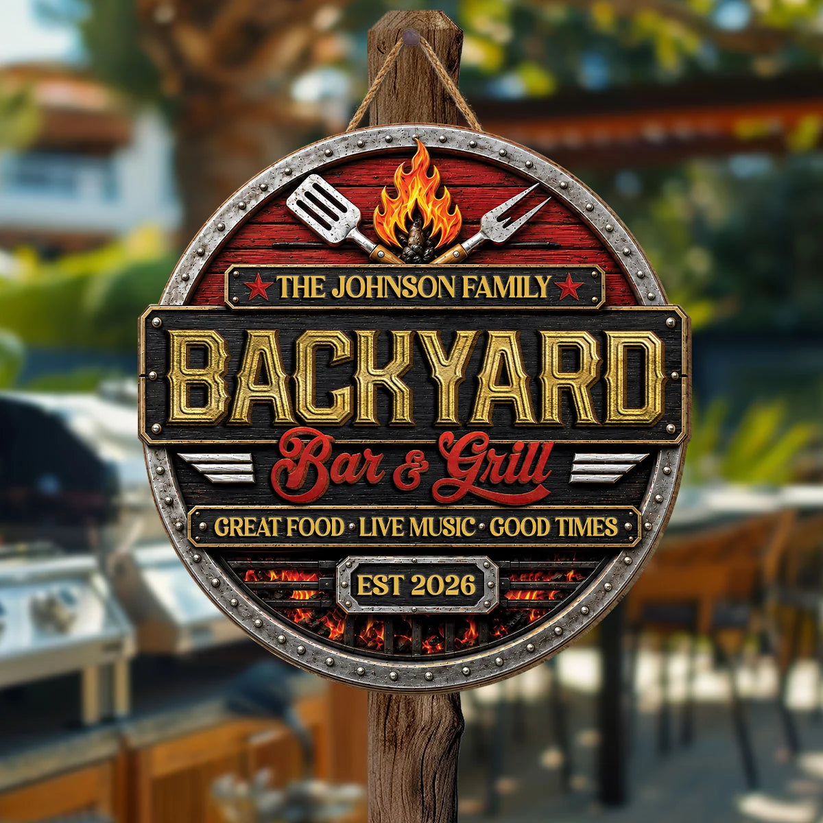 Backyard Bar and Grill Personalized Wood Sign - Custom BBQ Patio Decor Gift for Family