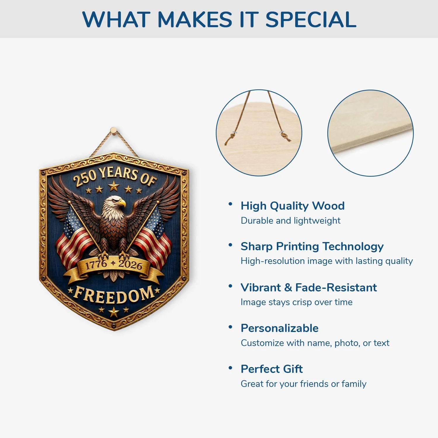 Wood Sign material and size view - America 250Th Anniversary Personalized Wood Sign