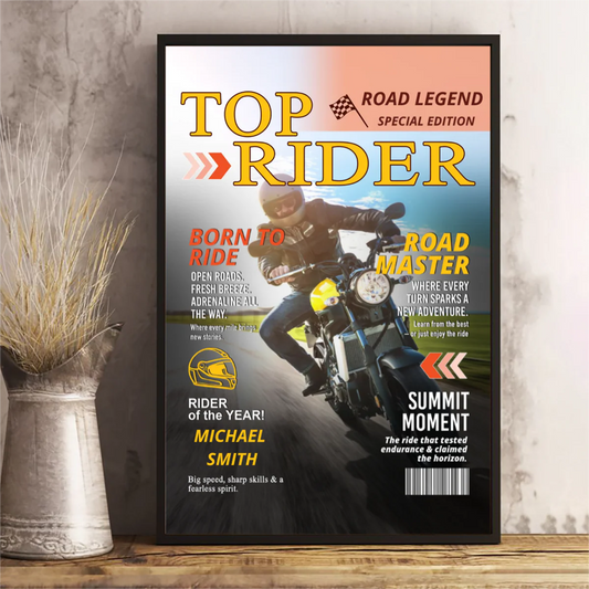 Custom motorcycle magazine canvas cover print featuring a personalized biker portrait and rider name.