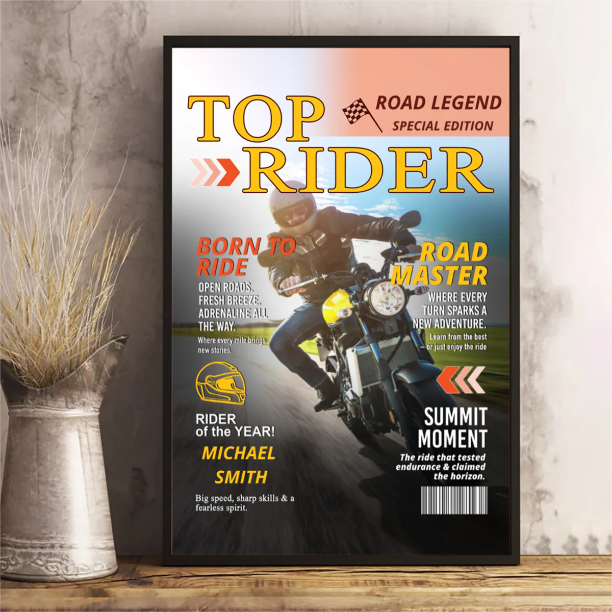 Custom motorcycle magazine canvas cover print featuring a personalized biker portrait and rider name.