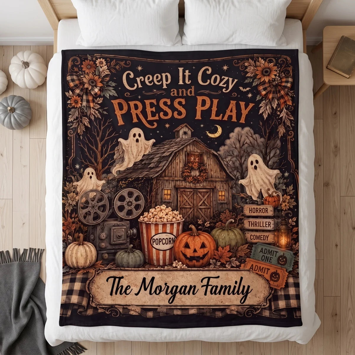 "Creep It Cozy and Press Play" Personalized Halloween Blanket - Custom Family Name Movie Night Throw Decor