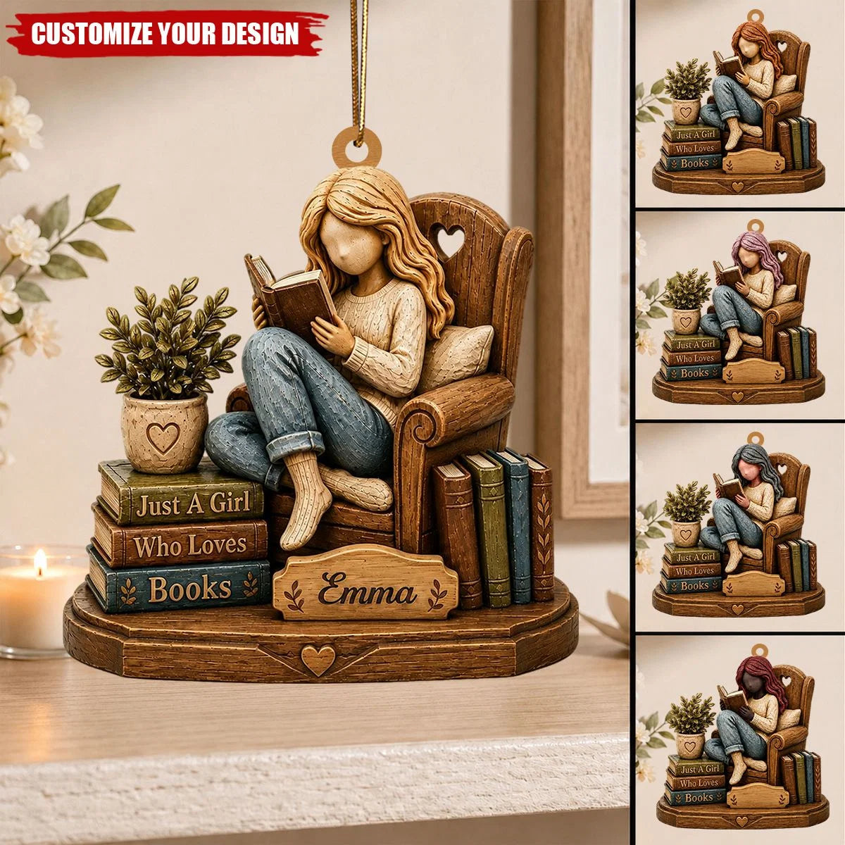 "Just A Girl Who Loves Books" Personalized Wooden Ornament - Custom Reading Gift  for Book Lovers