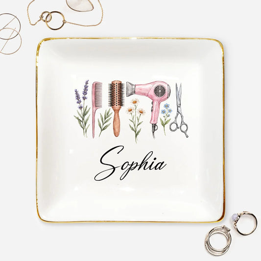 Floral Hair Tools Personalized Jewelry Dish - Custom Ceramic Ring Trinket Tray Keepsake for Hair Stylist