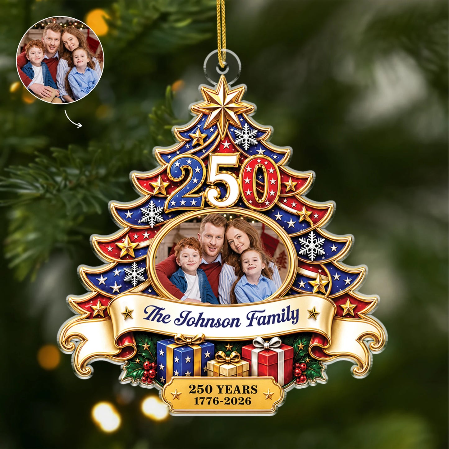 America 250 Years 1776-2026 - Personalized Family Photo Acrylic Christmas Ornament Keepsake
