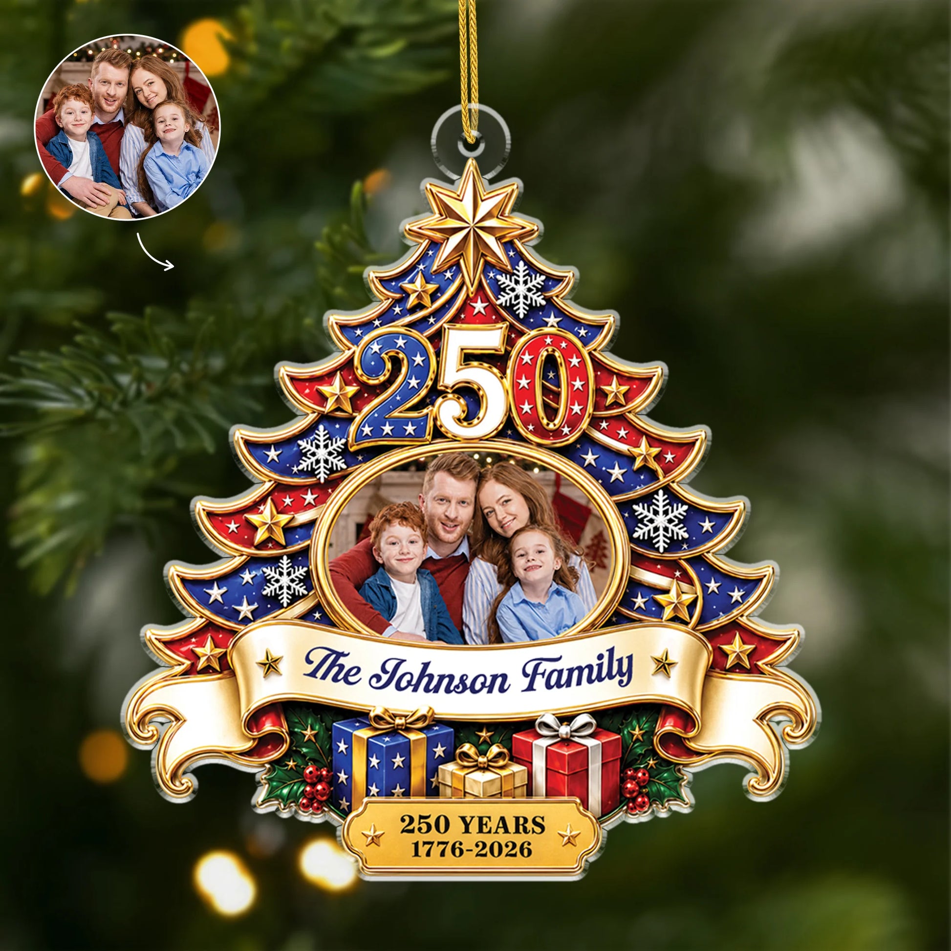 America 250 Years 1776-2026 - Personalized Family Photo Acrylic Christmas Ornament Keepsake