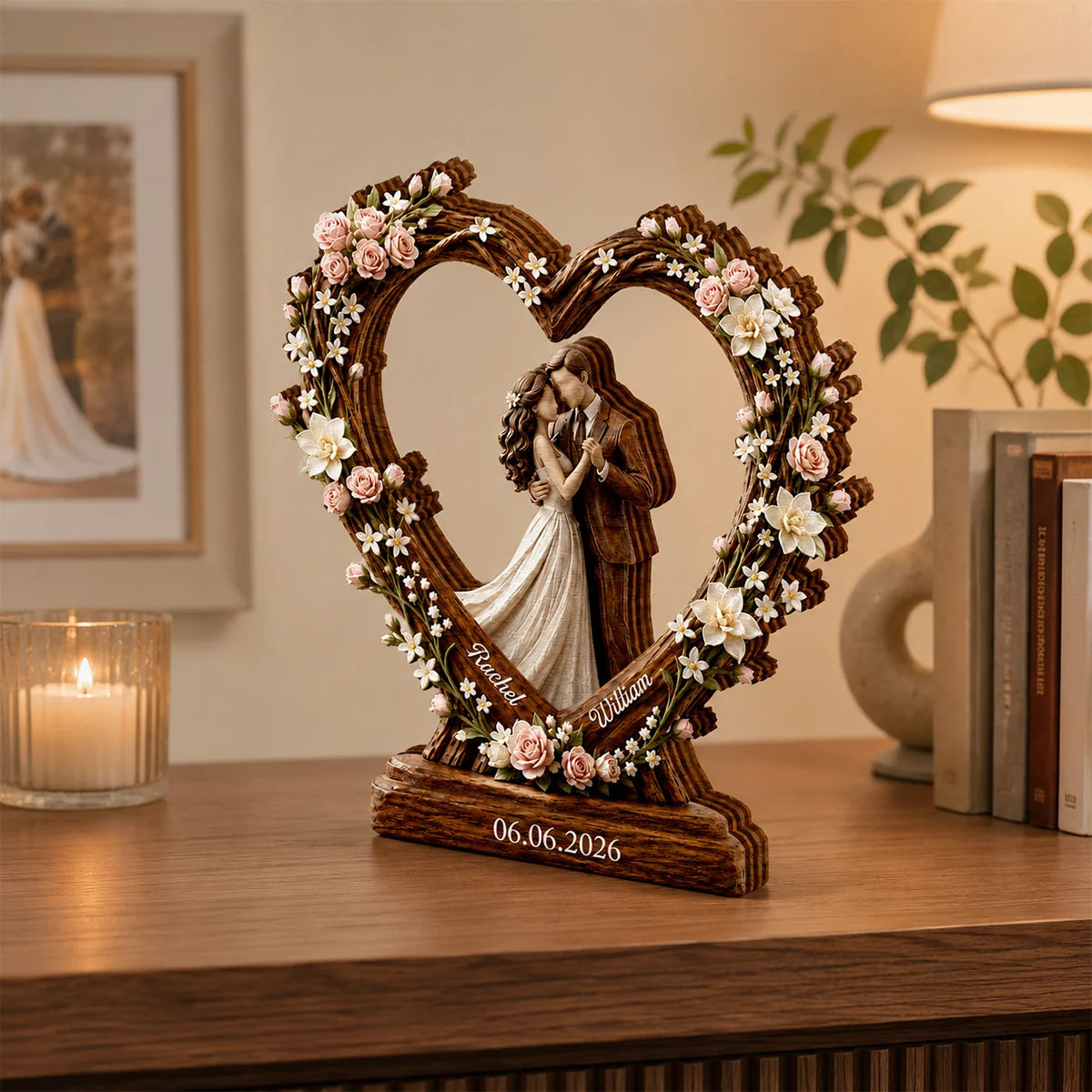 Personalized Wedding Couple Heart Wood Block - Custom Anniversary Gift