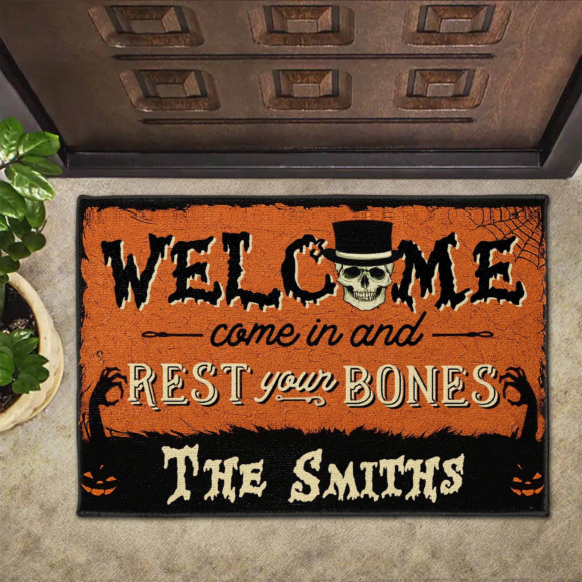 "Come In And Rest Your Bones" Personalized Halloween Doormat - Custom Front Porch Decor for Family