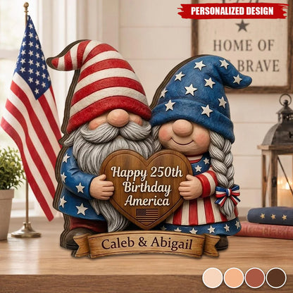 Personalized patriotic couple gift wood plaque featuring American flag gnomes and custom names for Independence Day