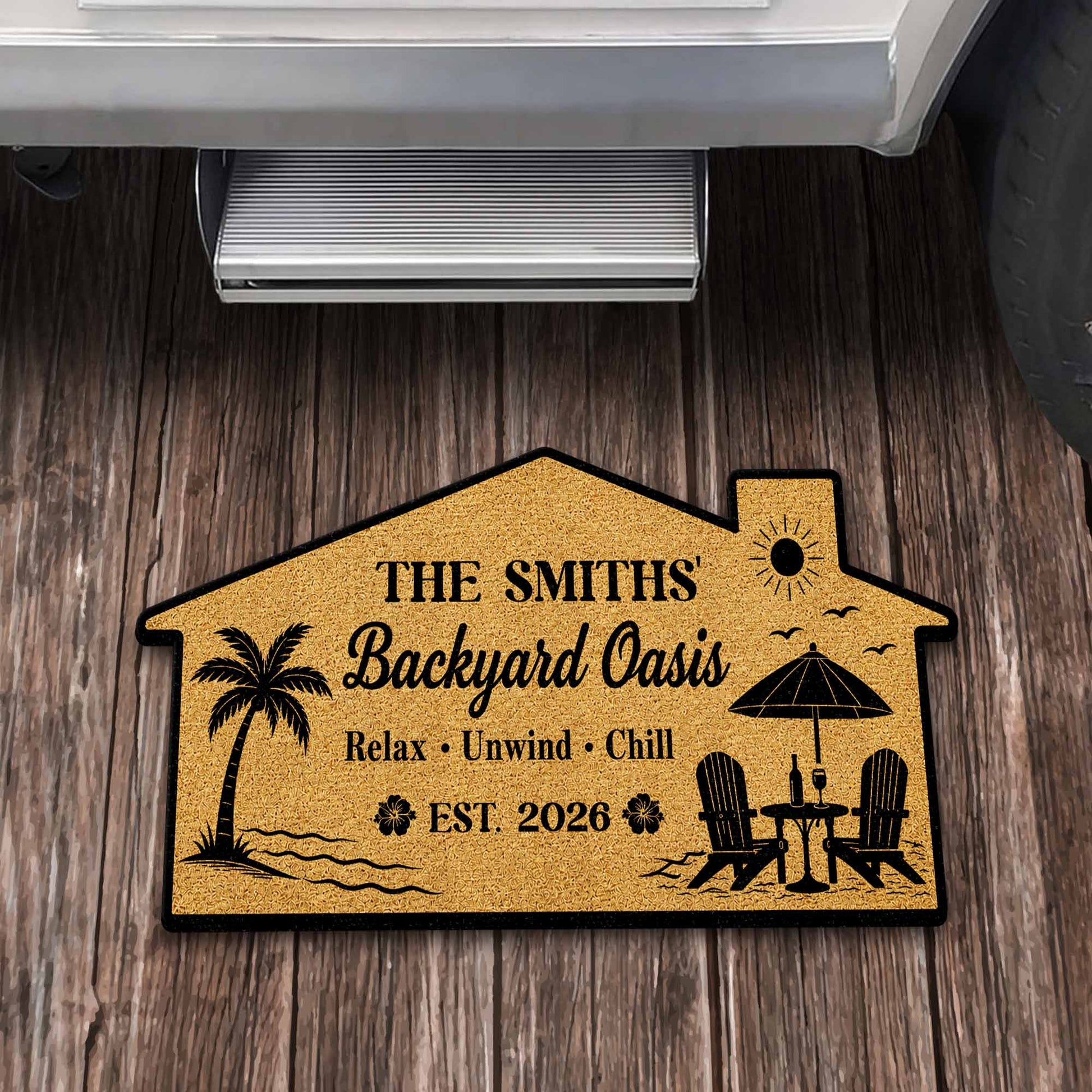 Custom shaped welcome mat featuring beach chairs and palm trees for front porch decor. image 7