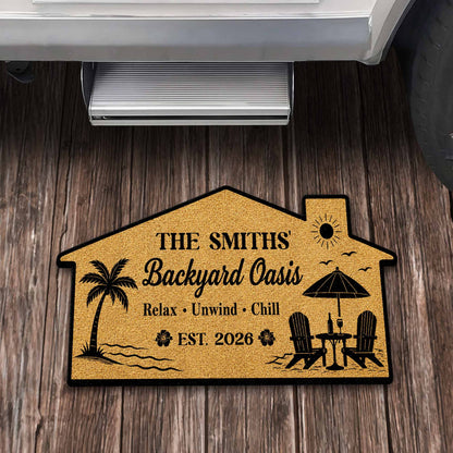 Custom shaped welcome mat featuring beach chairs and palm trees for front porch decor. image 7