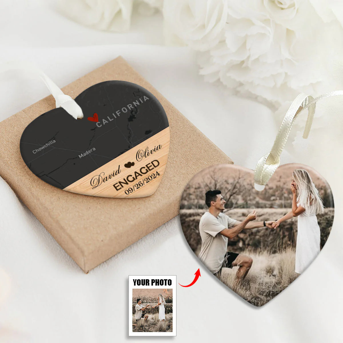 Ceramic Ornament material and size view - Personalized Engagement Map Ornament