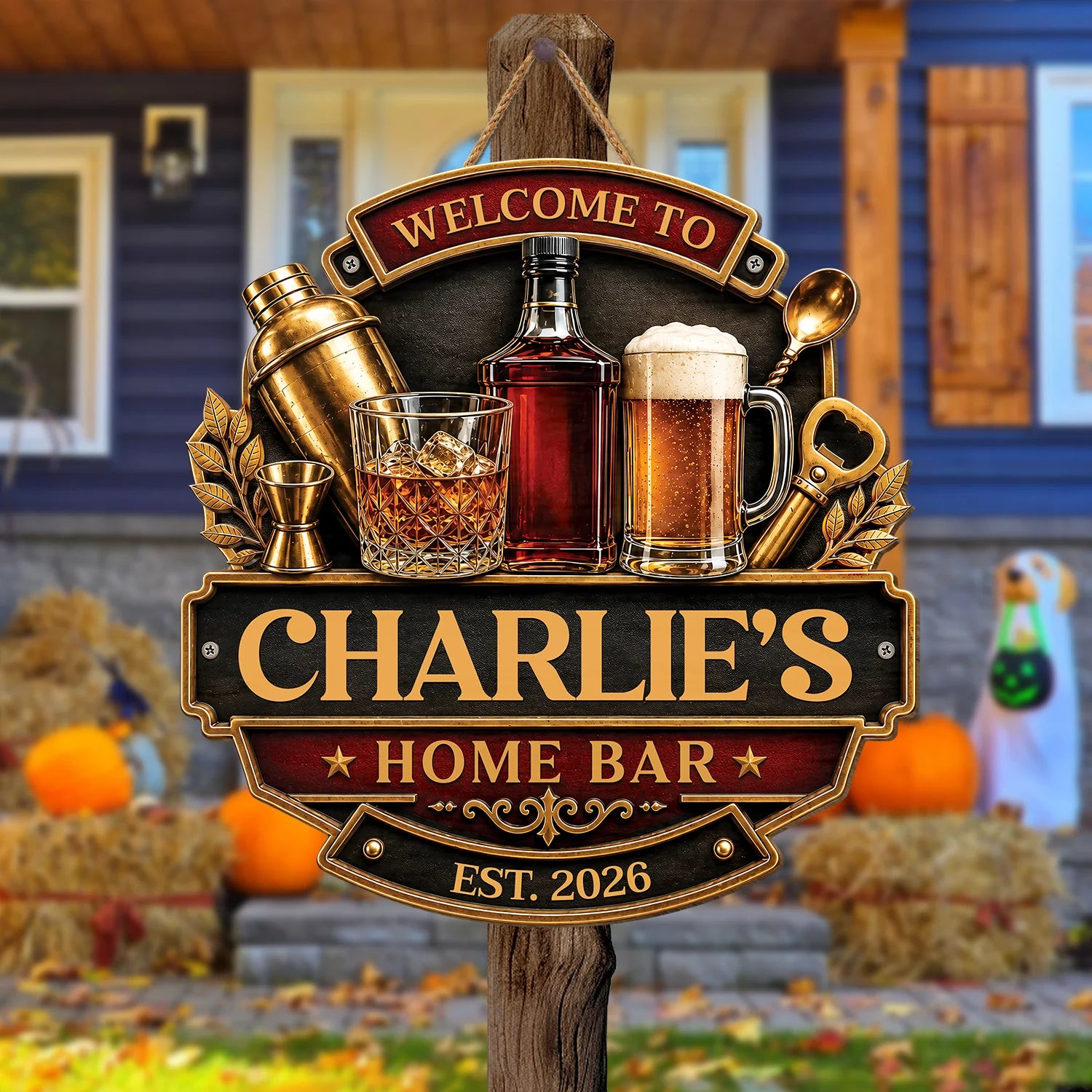 Welcome to Home Bar Personalized Wood Sign - Custom Whiskey Man Cave Decor