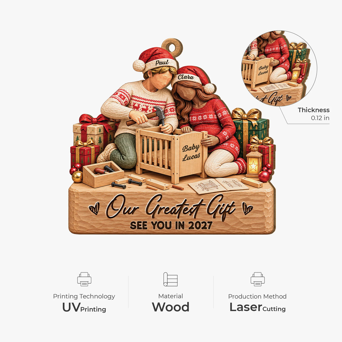 "Our Greatest Gift" Personalized Wooden Ornament for Expecting Couples - Custom Christmas Pregnancy Keepsake