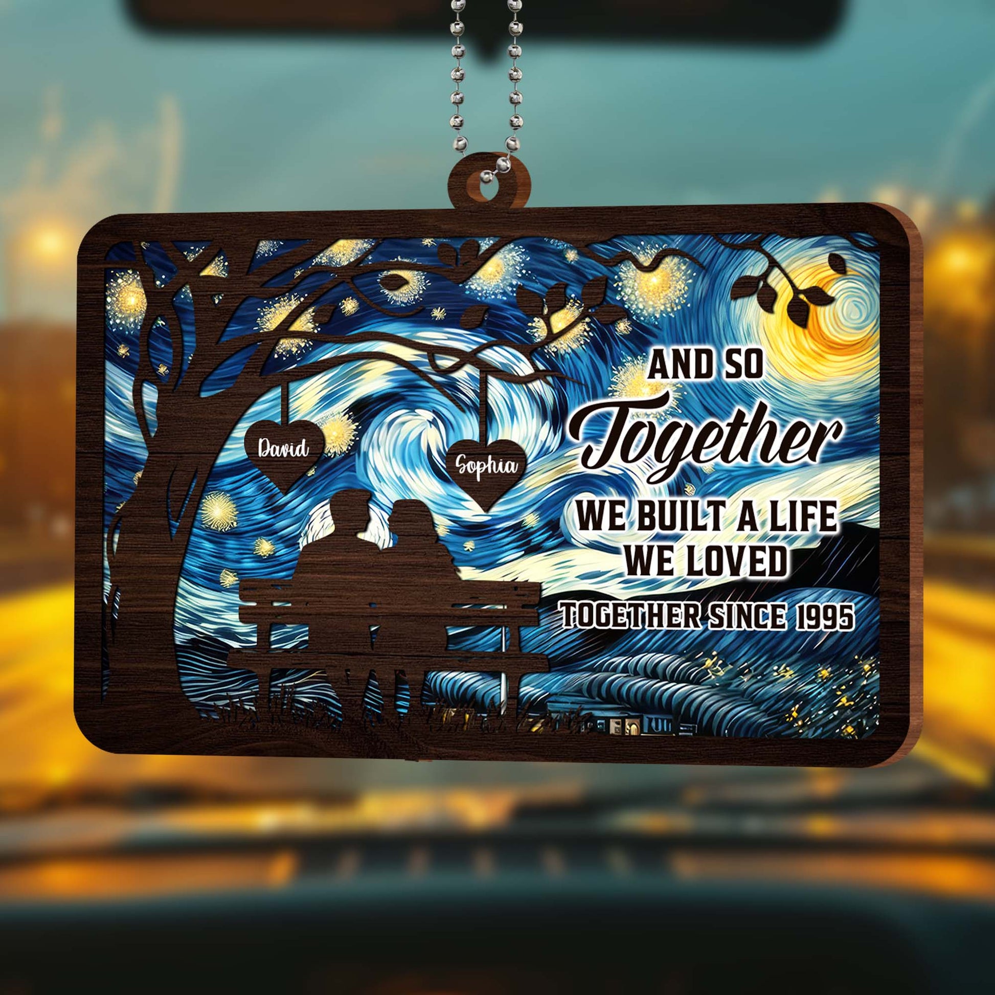 Night Sky And Tree Couple Silhouette Wood Ornament