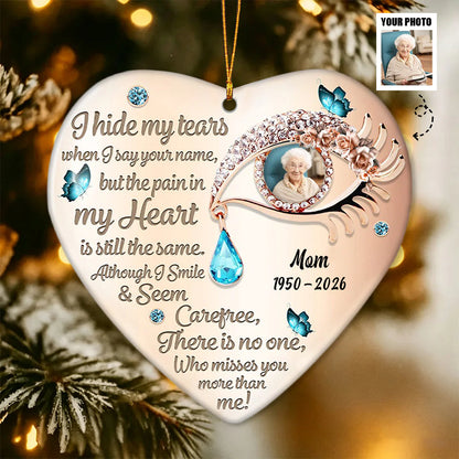 Heart-shaped personalized memorial ceramic ornament with eye design and custom photo print for sympathy remembrance gift