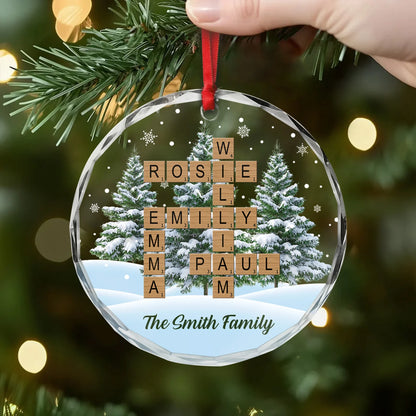 Family Crossword Puzzle Personalized Glass Ornament - Christmas Tree Holiday Keepsake for Family