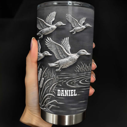 Geese In Flight Over Tranquil Landscape Tumbler