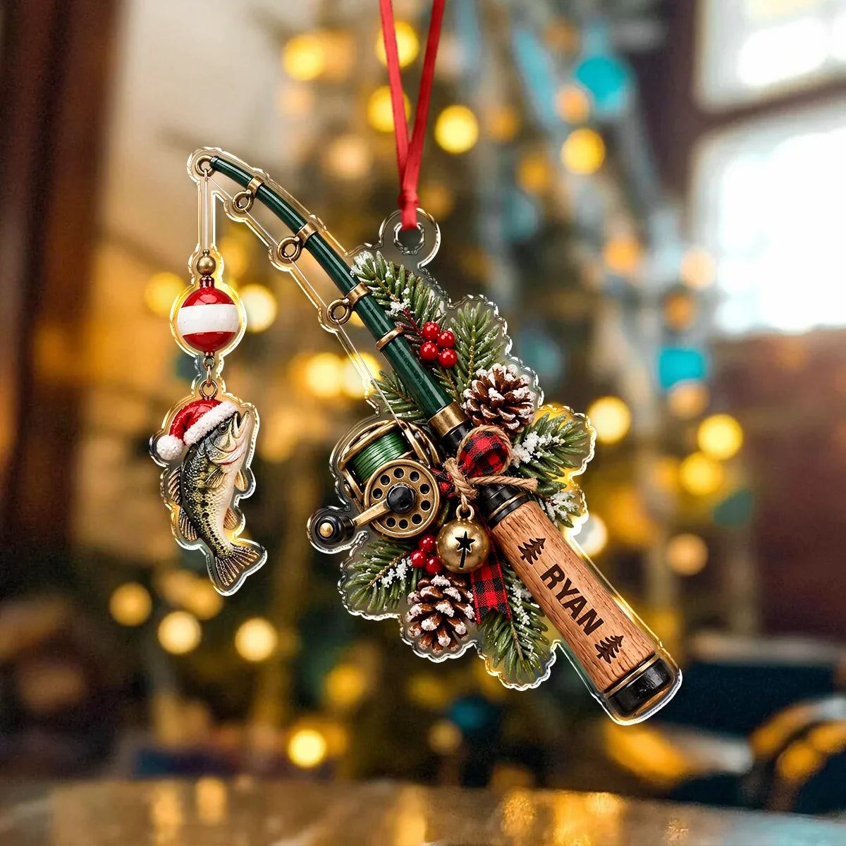 Custom Catch Personalized Fishing Rod Acrylic Ornament - Christmas Keepsake Gift for Fishers
