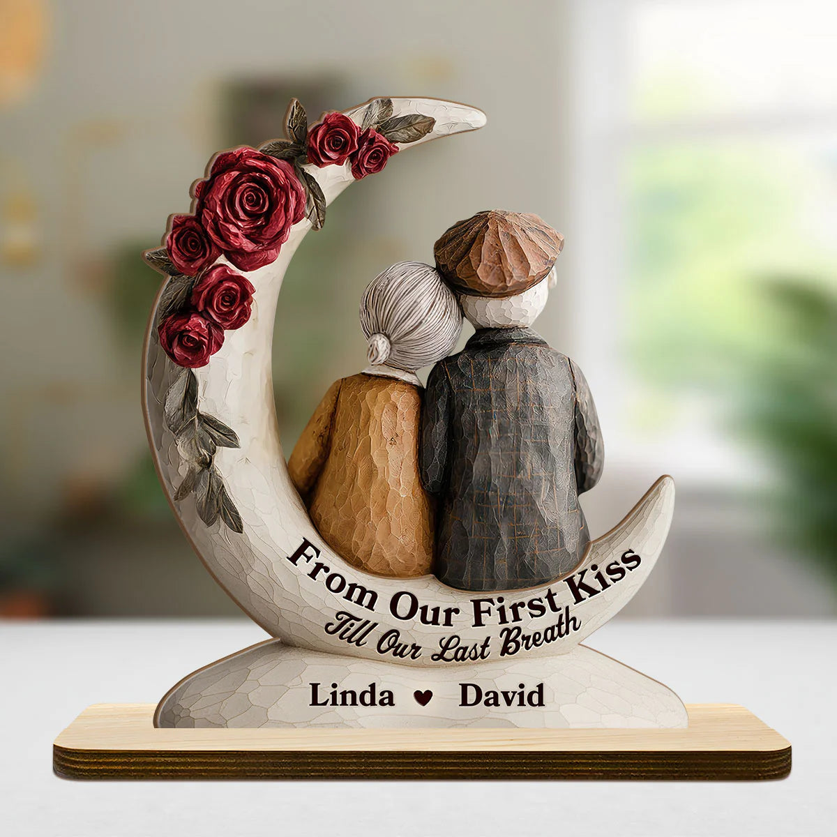 Custom couple anniversary plaque with an elderly couple sitting on a crescent moon with red roses image 6