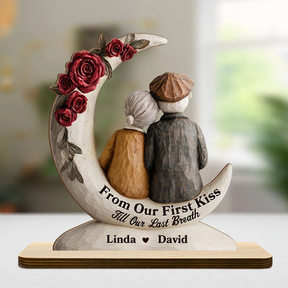 Custom couple anniversary plaque with an elderly couple sitting on a crescent moon with red roses image 6